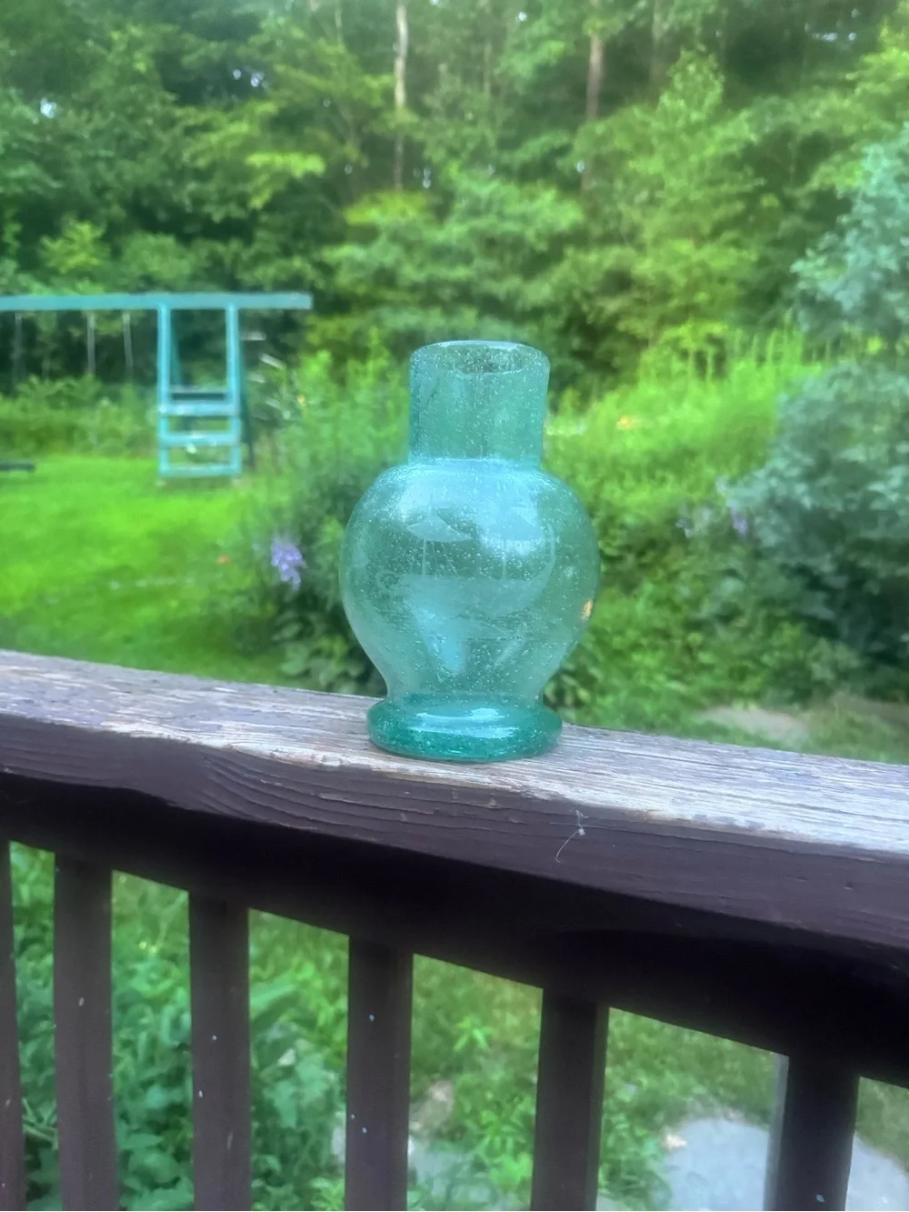 Aqua bubble glass handblown vase with boat etching very rare HTF EUC